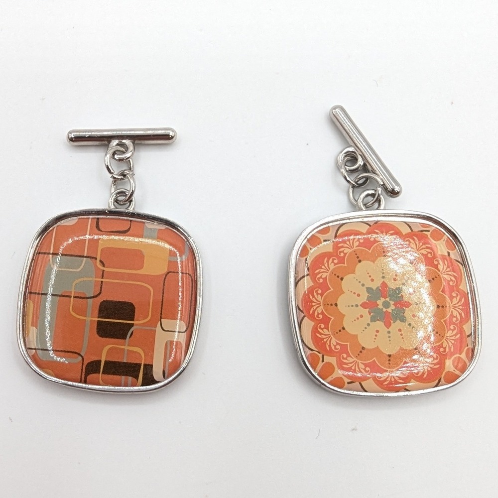 Retro Geometric‎ Floral Square Cufflinks Set 2 Pairs Orange Teal Silver Tone